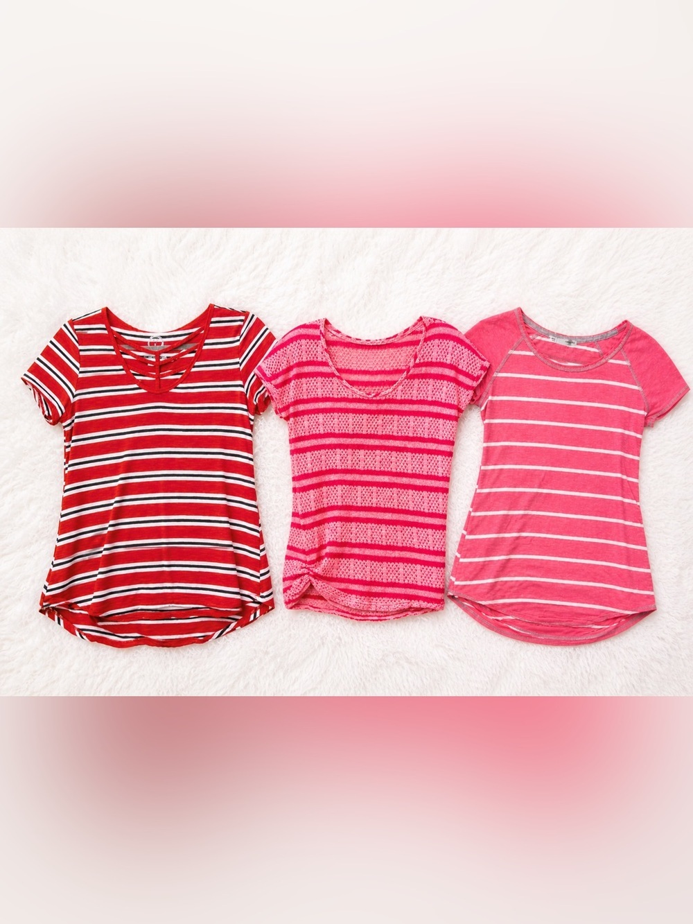 Maurices Size Small Top Bundle | 3 Short Sleeve Striped Knit Tees Pink Red